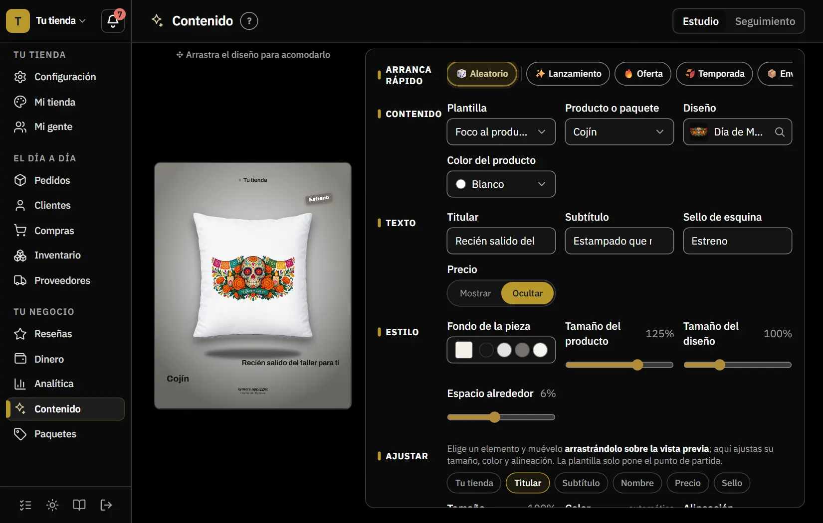 Contenido en tema oscuro: la imagen para redes de un cojín armada con los datos de tu tienda, y a un lado las opciones para cambiar la plantilla, el producto, el texto, el precio y el fondo.
