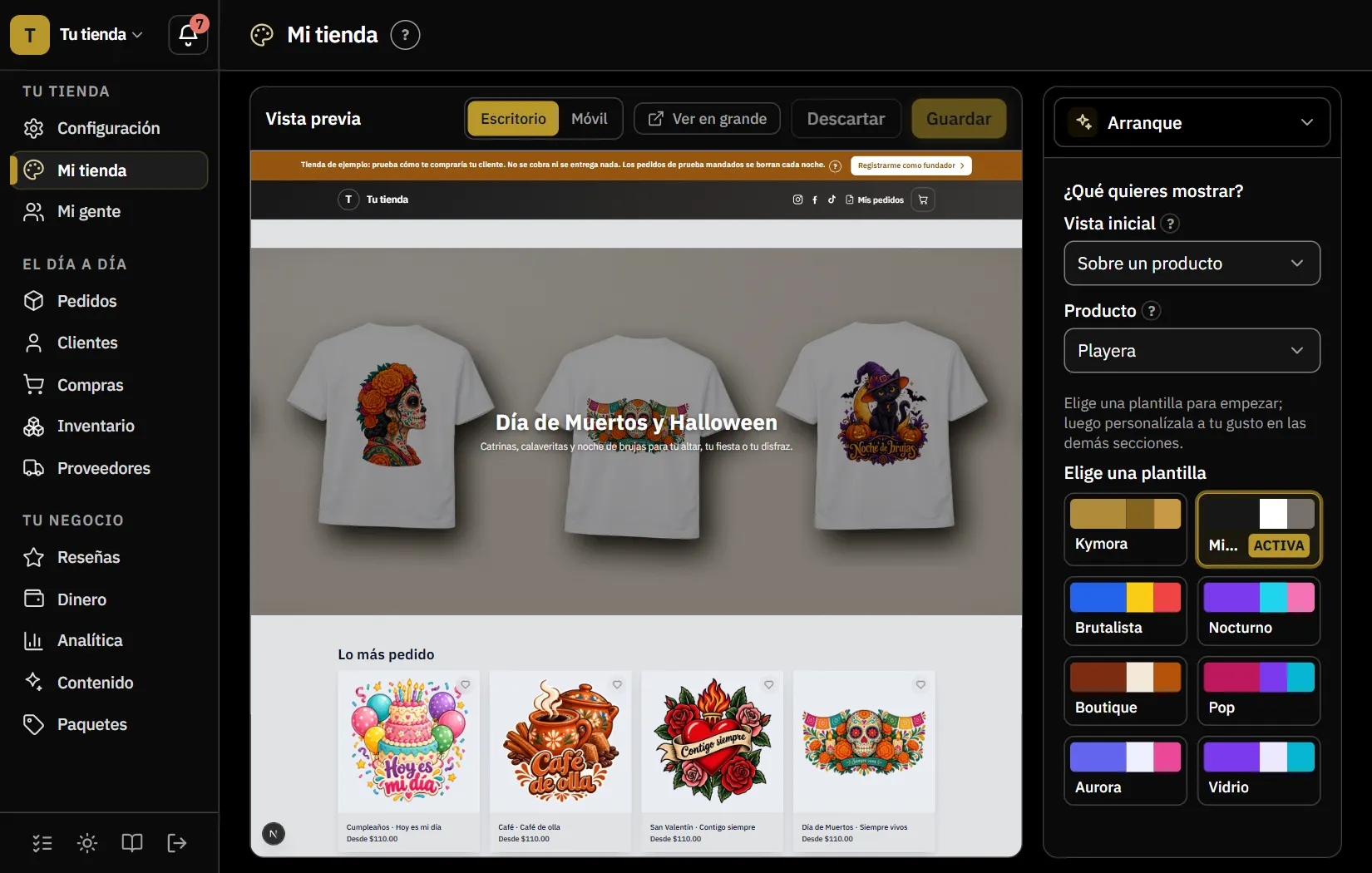 Mi tienda en tema oscuro: a la izquierda las secciones que personalizas y a la derecha la vista previa de tu tienda tal como la ve tu cliente.