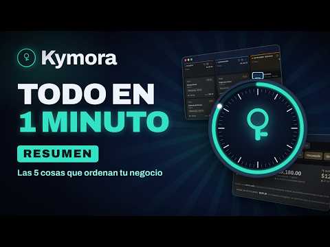 Miniatura del video «Kymora en un minuto»: «Todo en 1 minuto. Resumen: las 5 cosas que ordenan tu negocio», junto a pantallas del tablero de pedidos de Kymora.